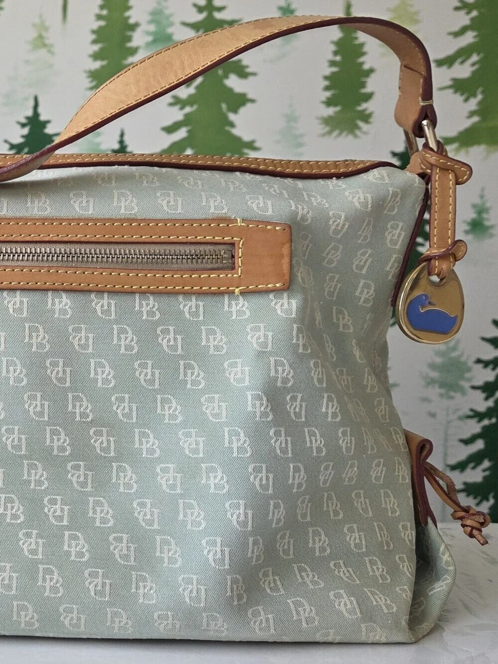 Dooney & Bourke Light Green Satchel with Tan Trim and Gold Hardware